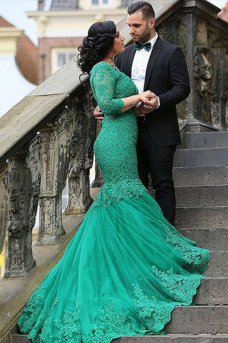 3/4 Sleeves Mermaid Prom Dress V-Neck With Lace Appliques - Emerald