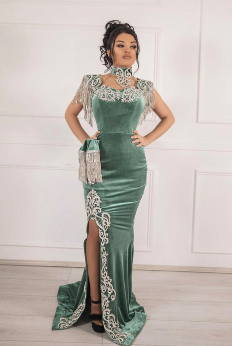 #36 Dusty Sage Velvet Evening Dress High Neck Side Split