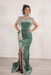 #36 Dusty Sage Velvet Evening Dress High Neck Side Split