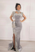 #37 Light Grey Velvet Evening Dress High Neck Side Split