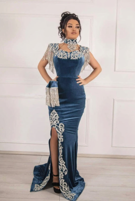 #38 Denim Blue Velvet Evening Dress High Neck Side Split