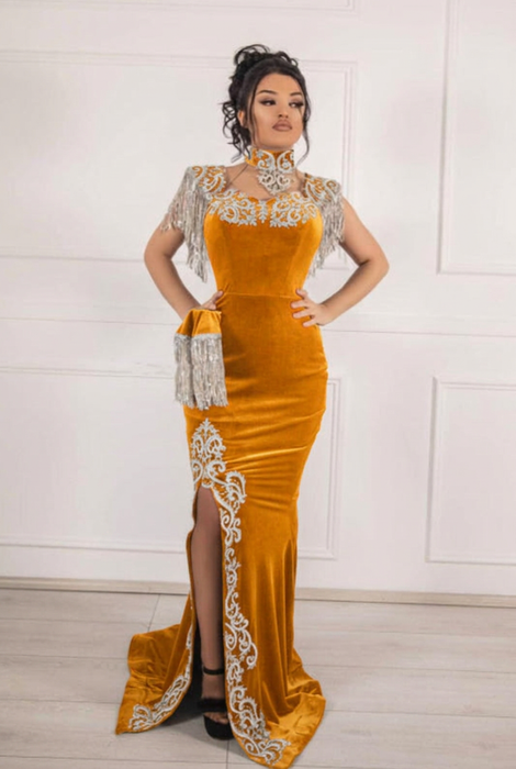 #39 Ochre Velvet Evening Dress High Neck Side Split