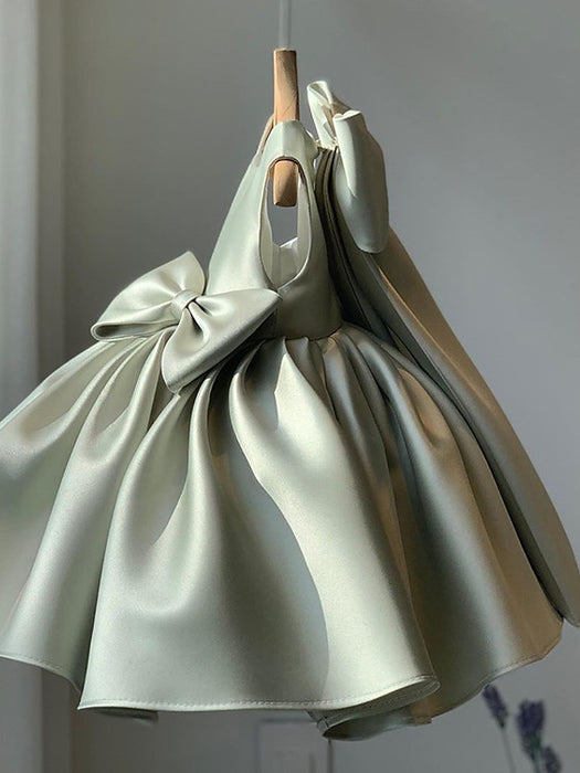 Cute Satin Princess Ball Gown Mini Flower Girl Dresses with Bow