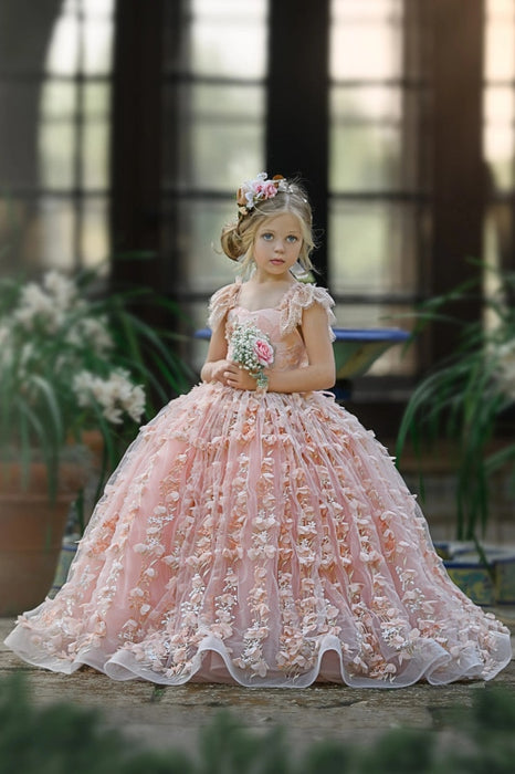 Blush Pink Princess Ball Gown 3D Floral Prom Dresses V-neck Boho Quinc –  SELINADRESS