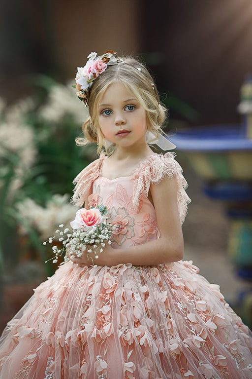 3D Floral Bliss Pink Princess Puff Ball Gown Flower Girl Dress - Flower Girl Dress