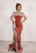 #43 Coral Pink Velvet Evening Dress High Neck Side Split