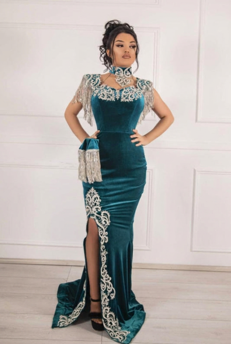 #44 Deep Teal Velvet Evening Dress High Neck Side Split
