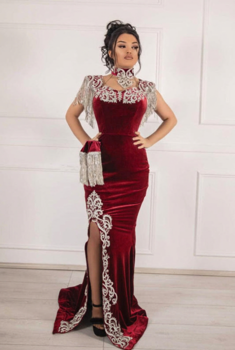 #46 Crimson Red Velvet Evening Dress High Neck Side Split