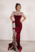 #46 Crimson Red Velvet Evening Dress High Neck Side Split
