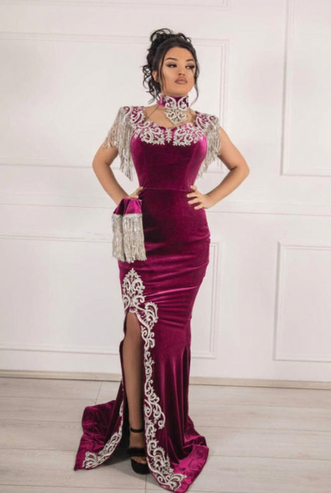 #47 Berry Velvet Evening Dress High Neck Side Split