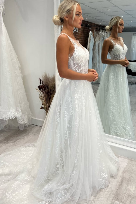 Delicate V-Neck A-Line Wedding Dress Sleeveless with Lace Appliqués