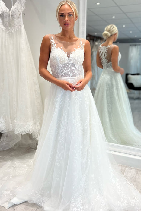 Delicate V-Neck A-Line Wedding Dress Sleeveless with Lace Appliqués