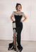 #48 Jet Black Velvet Evening Dress High Neck Side Split