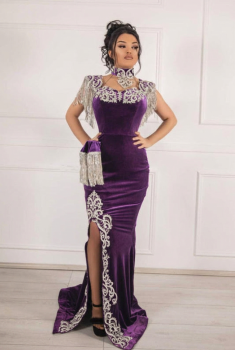 #5 Purple Velvet Evening Dress High Neck Side Split