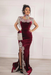 #50 Crimson Wine Velvet Evening Dress High Neck Side Split