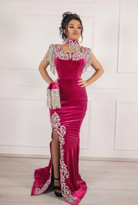 #51 Hot Pink Velvet Evening Dress High Neck Side Split