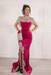 #51 Hot Pink Velvet Evening Dress High Neck Side Split