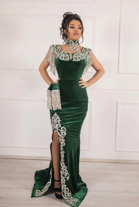 #53 Forest Green Velvet Evening Dress High Neck Side Split