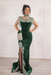 #53 Forest Green Velvet Evening Dress High Neck Side Split