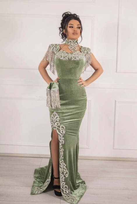#54 Sage Green Velvet Evening Dress High Neck Side Split