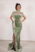 #54 Sage Green Velvet Evening Dress High Neck Side Split