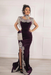 #55 Dark Eggplant Velvet Evening Dress High Neck Side Split