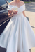Elegant Off the Shoulder Tea Length White Satin Prom Dresses, Off Shoulder White Formal Graduation Homecoming Dresses