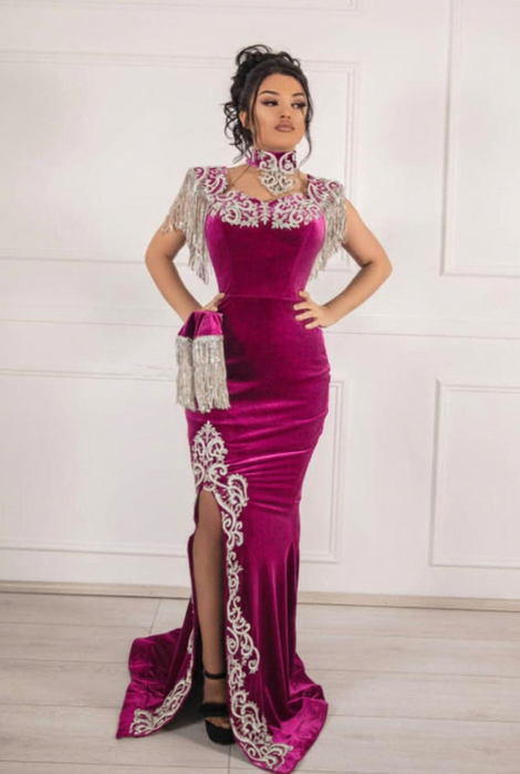 #6 Fuchsia Velvet Evening Dress High Neck Side Split
