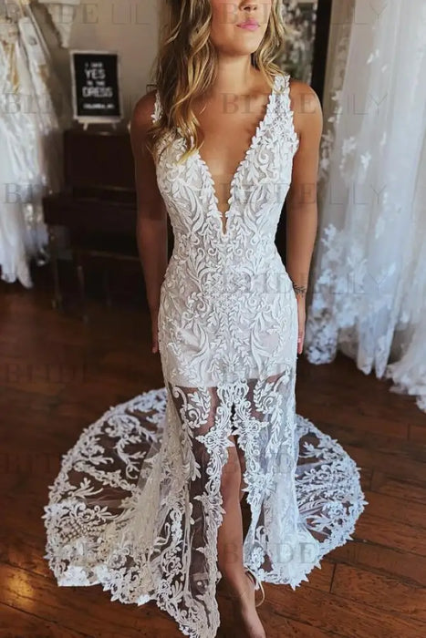 Floral Lace Mermaid Wedding Dress Deep V-Neck Front Slit Bridal Dress