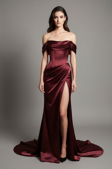 Bridelily Simple Off the Shoulder Sheath Evening Gown Ruffles Split Sweep Train Prom Dress Burgundy - Prom Dresses