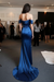 Bridelily Simple Off the Shoulder Sheath Evening Gown Ruffles Split Sweep Train Prom Dress Royal BLue