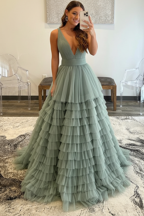 Dusty Sage Tulle Formal Evening Dresses 