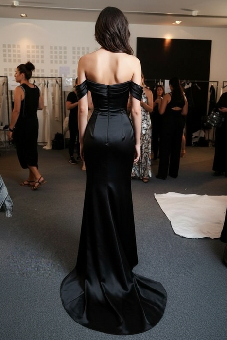Bridelily Simple Off the Shoulder Sheath Evening Gown Ruffles Split Sweep Train Prom Dress Black