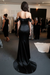 Bridelily Simple Off the Shoulder Sheath Evening Gown Ruffles Split Sweep Train Prom Dress Black