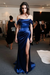 Bridelily Simple Off the Shoulder Sheath Evening Gown Ruffles Split Sweep Train Prom Dress Royal Blue