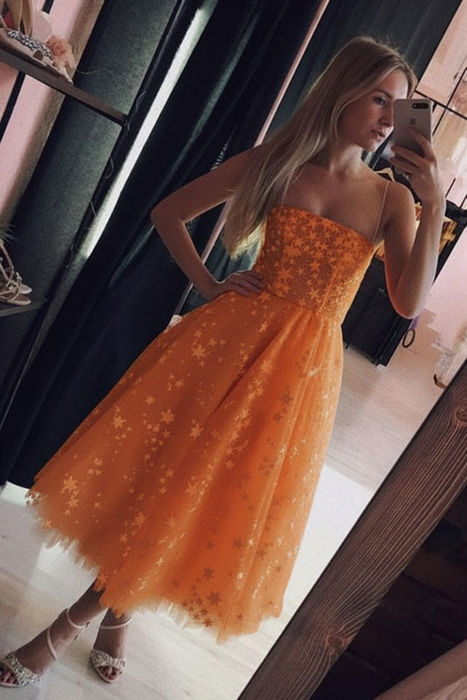 Orange Spaghetti Strap Tea Length Tulle Homecoming Dress Midi Prom Dresses - Prom Dresses