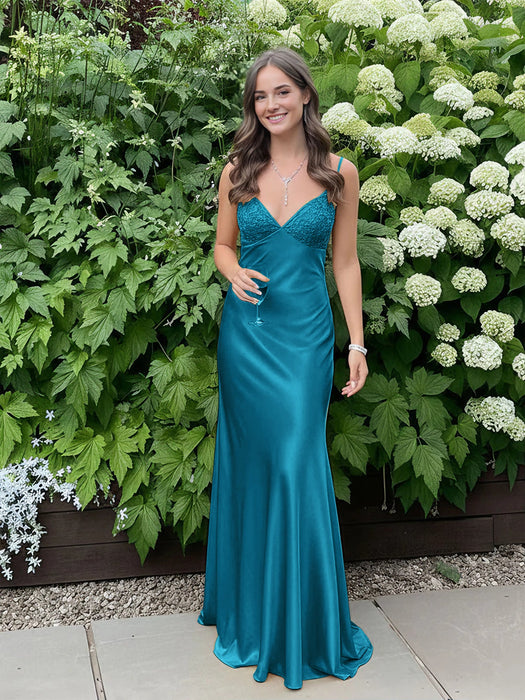 Aqua V-neck Beaded Satin A Line Prom Dress