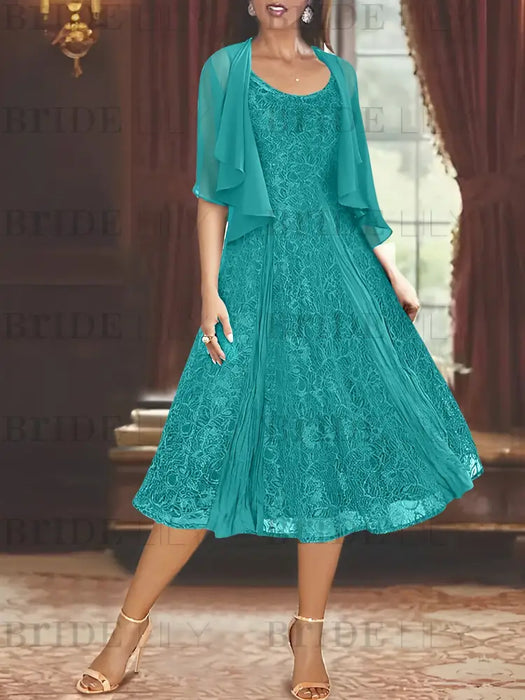 Princess A-Line Tea-Length Mother of the Bride Dress with Scoop Neck Half Sleeves Appliques and Jacket