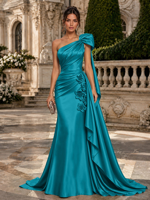 One Shoulder Satin Mermaid Evening Dresses with 3D Flowers