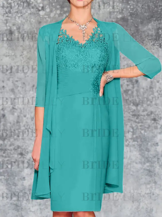 Aqua Blue Knee-Length V-Neck Sheath/Column Mother of the Bride Dresses