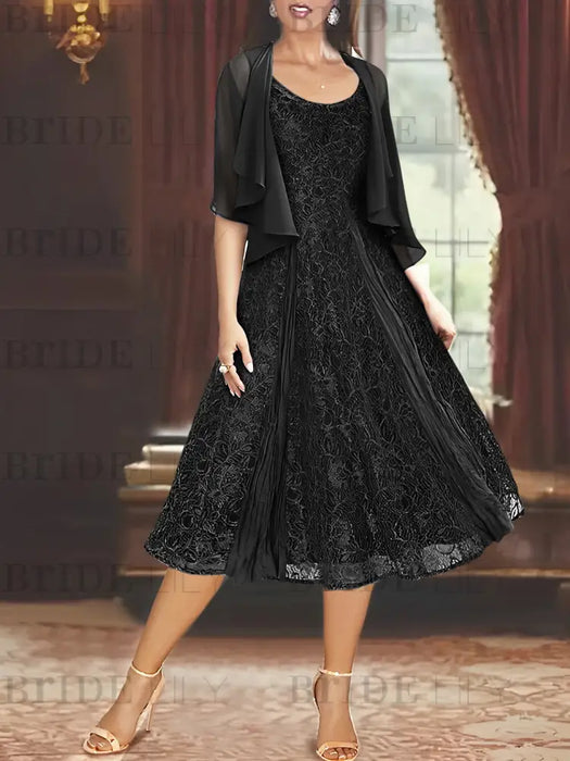 Princess A-Line Tea-Length Mother of the Bride Dress with Scoop Neck Half Sleeves Appliques and Jacket