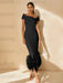 Unique Off-the-Shoulder Tea-Length Mother of the Bride Dress with Short Sleeves and Feathers