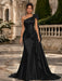 Black One Shoulder Satin Mermaid Evening Dresses with 3D Flowers