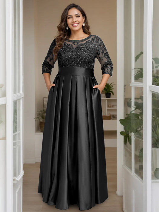 Black Plus Size Floor-Length Mother of the Bride A-Line Dress with 3/4 Sleeves Scoop Neck Bow & Sequins