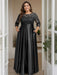 Black Plus Size Floor-Length Mother of the Bride A-Line Dress with 3/4 Sleeves Scoop Neck Bow & Sequins