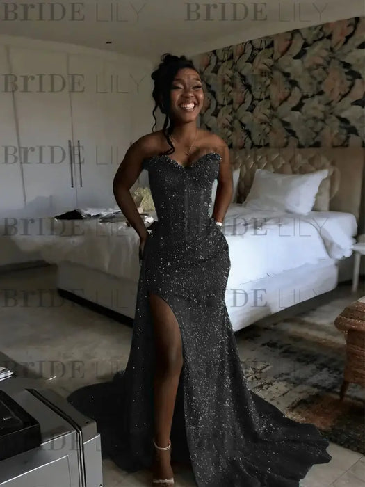Black Sparkly Strapless Mermaid Sequined Prom Dress with Slit