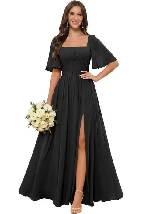 Square Neck Ruffle Sleeve Chiffon Bridesmaid Dress with Slit