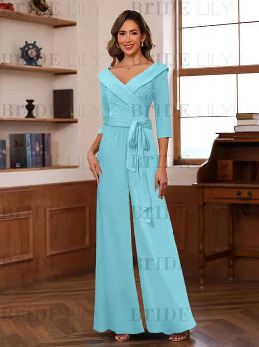 V-Neck Chiffon Jumpsuit with Ruched Detail and 3/4 Sleeves for the Mother