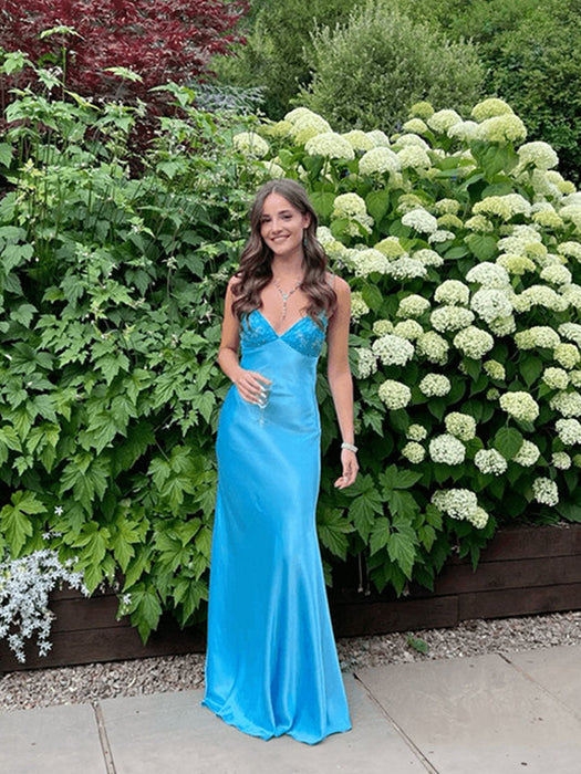 Blue V-neck Beaded Satin A Line Prom Dress