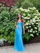 Blue V-neck Beaded Satin A Line Prom Dress